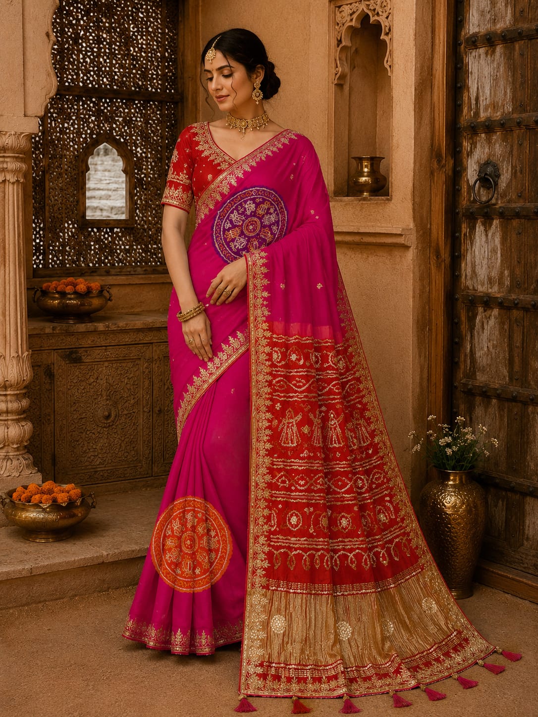 KcPc Designer Gaji Silk Bandhani Saree with Gota Patti AMT