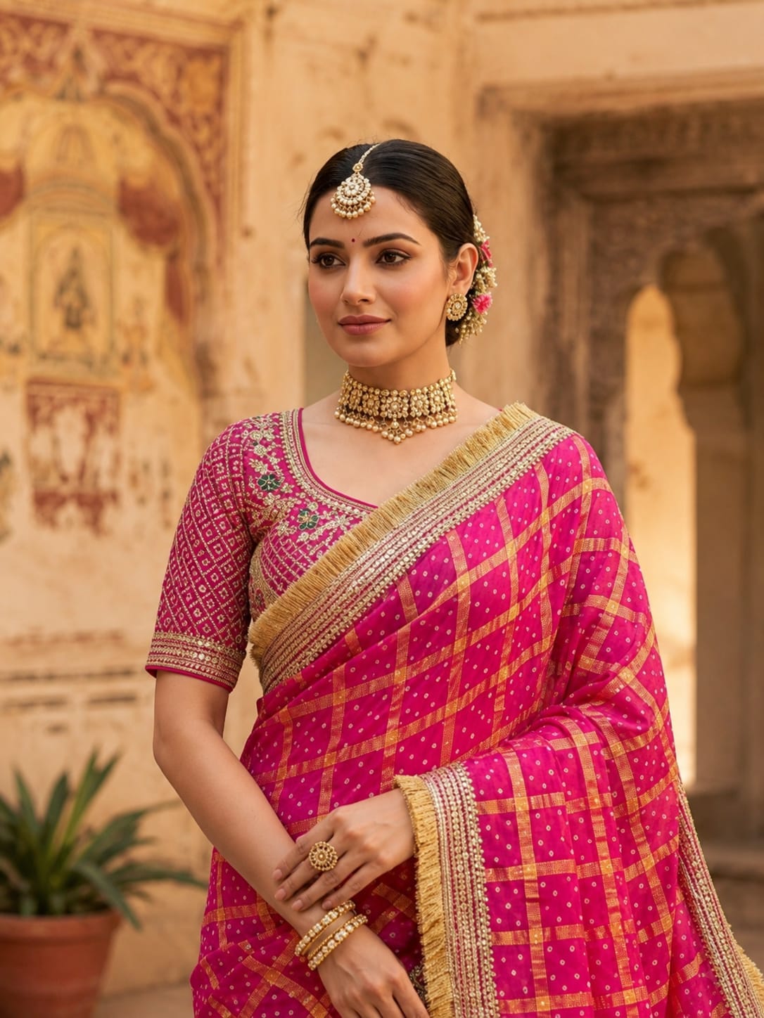 KcPc Georgette Bandhani Saree with Embroidery Work BAL