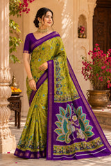 Kcpc Premium Georgette Kalamkari Saree with Zari Border ASH