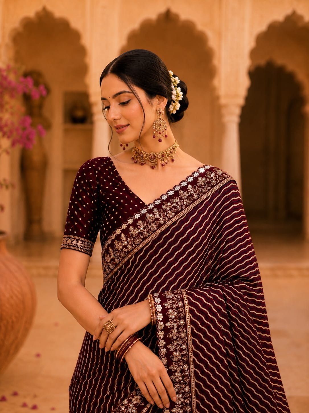 KcPc New Traditional Gaji Silk Ajrakh Saree with Elegant Mirror WorkSVD