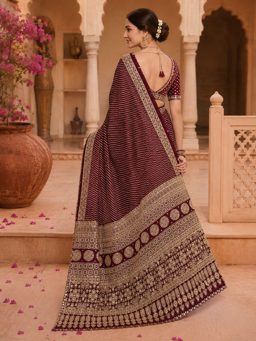 KcPc New Traditional Gaji Silk Ajrakh Saree with Elegant Mirror WorkSVD