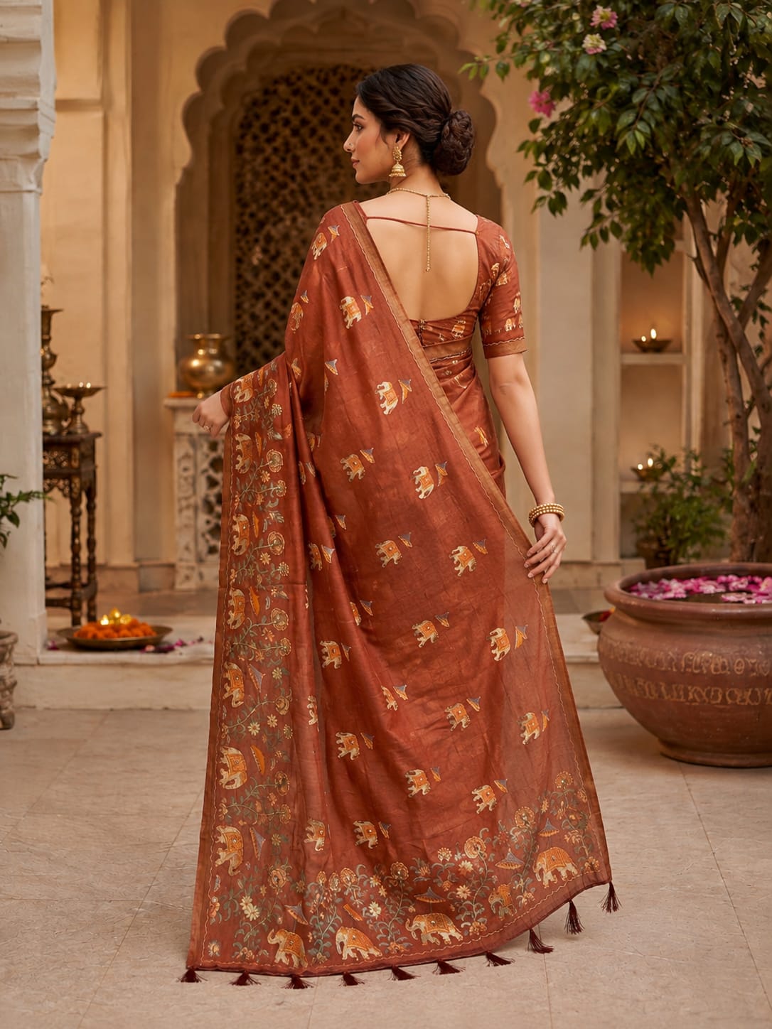 KcPc Premium Cotton Silk Kalamkari Style Saree with Aari Tari WorkSTL