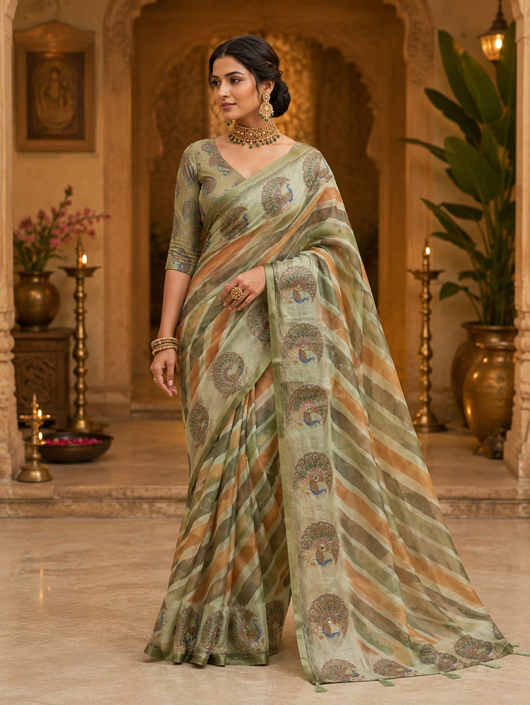 KcPc Traditional Leheriya Cotton Silk Saree with Designer Aari Tari WorkSTL