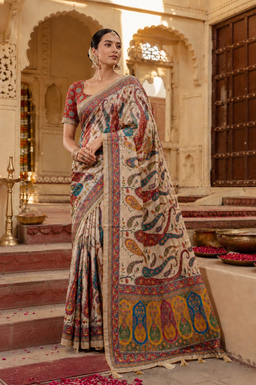 KcPc Premium Georgette Printed Saree with Mirror Work