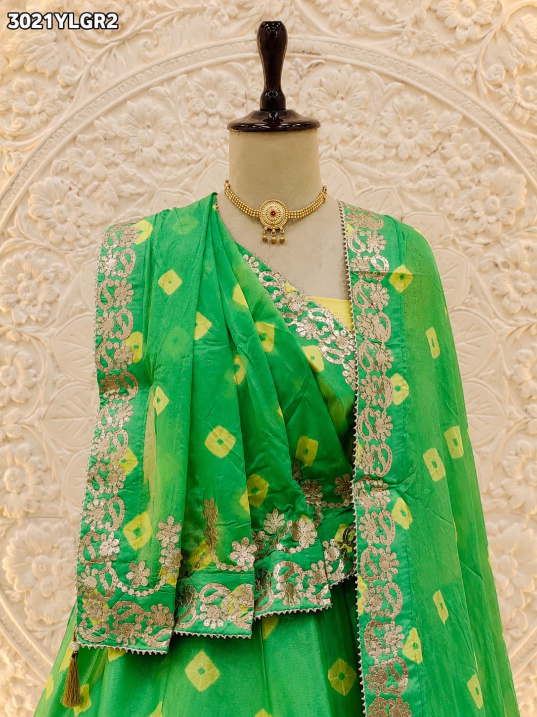KcPc New Elegant Bandhani Style Chinon Silk Lehenga with Hand Gotapatti Work SSB