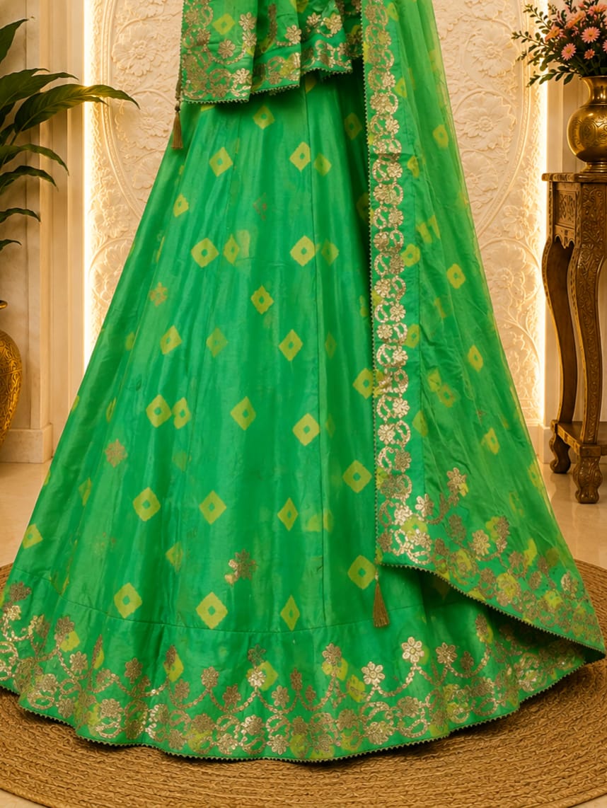 KcPc New Elegant Bandhani Style Chinon Silk Lehenga with Hand Gotapatti Work SSB
