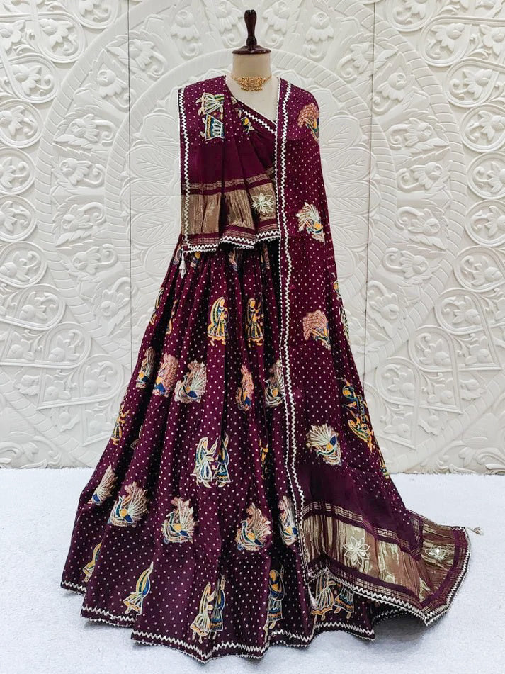 KcPc Gaji Silk Kalamkari Lehenga with Gotapatti WorkGOURI