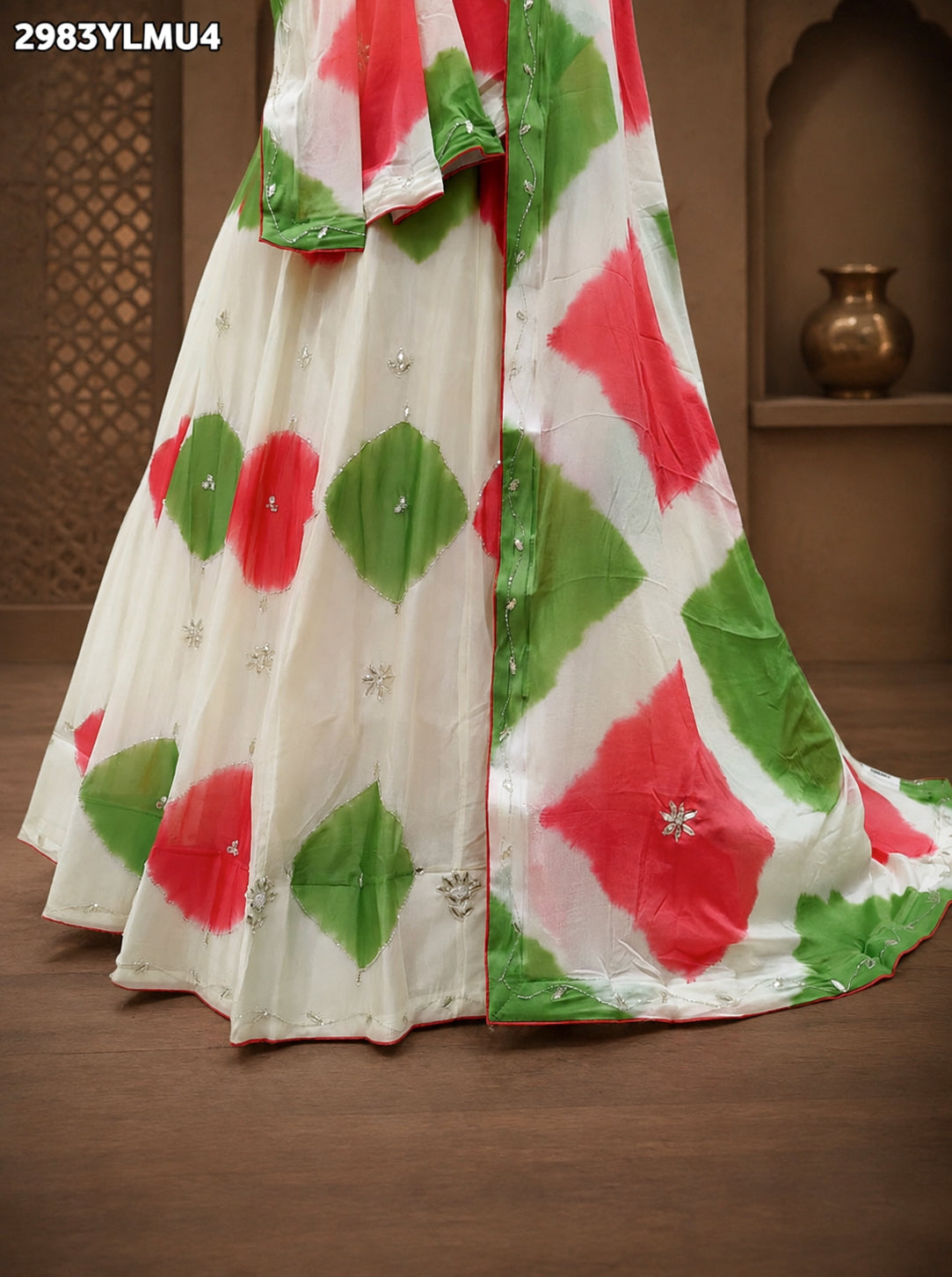 KcPc New Designer Shibori Style Chinon Silk Lehenga with Intricate Cutdana Gotapatti WorkGSM