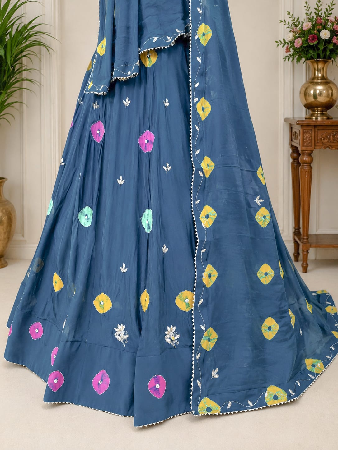 KcPc New Festive Shibori Chinon Silk Lehenga with Cutdana DetailingGSM