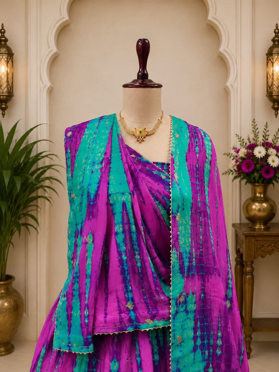 KcPc New Exquisite Chinon Silk Lehenga with Shibori Pattern & Cutdana Work for Celebrations GSM