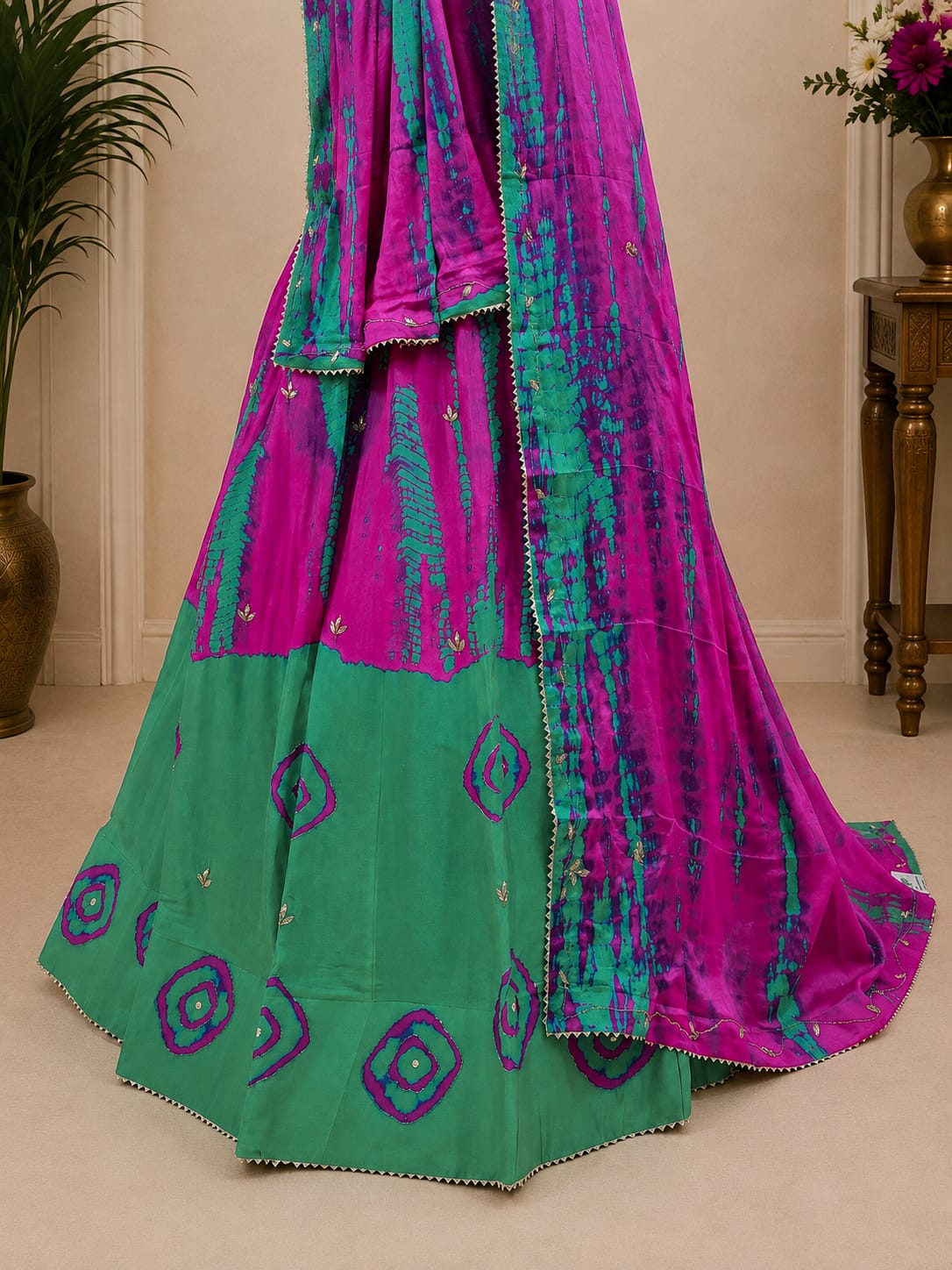 KcPc New Exquisite Chinon Silk Lehenga with Shibori Pattern & Cutdana Work for Celebrations GSM