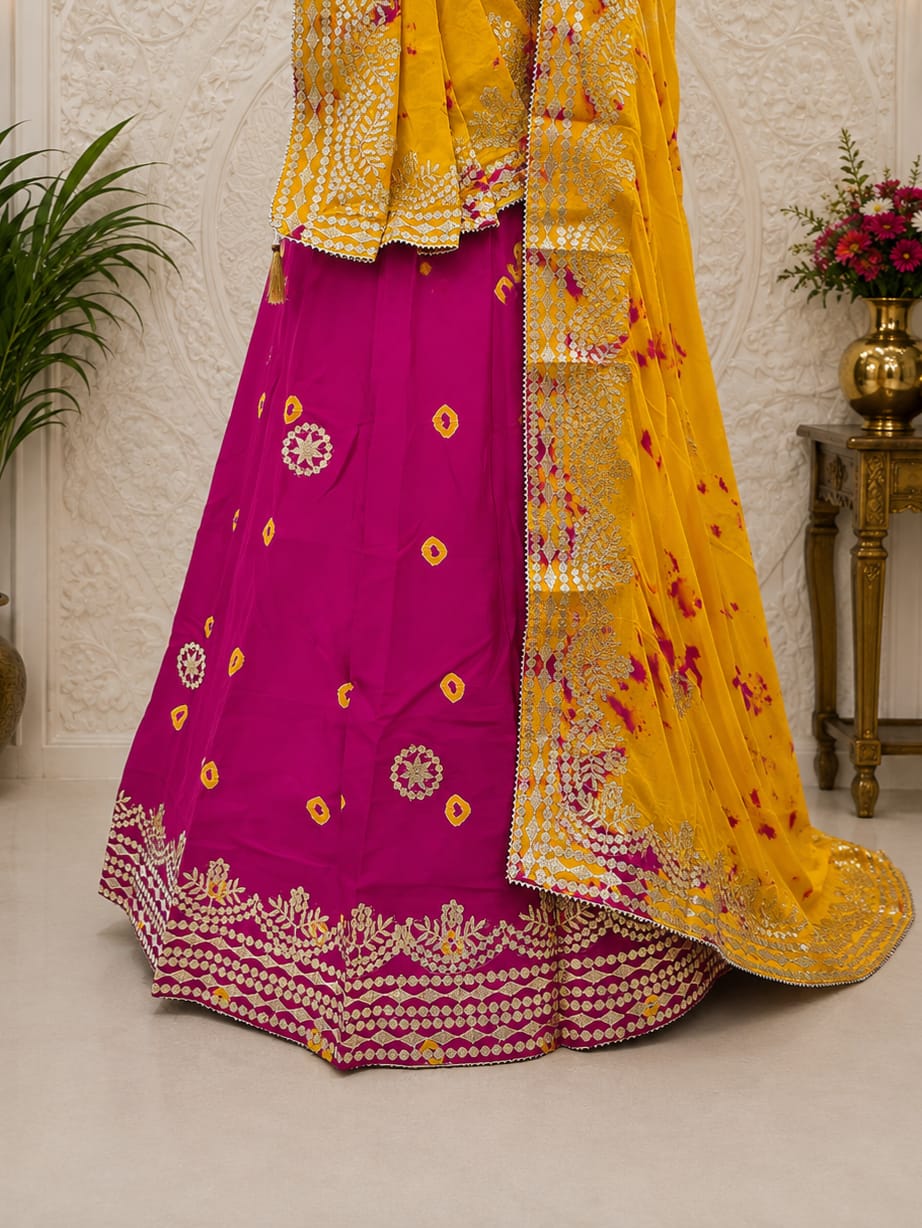 KcPc New Elegant Chinon Silk Lehenga with Bandhani Print & Classic Gota Patti Work SSB