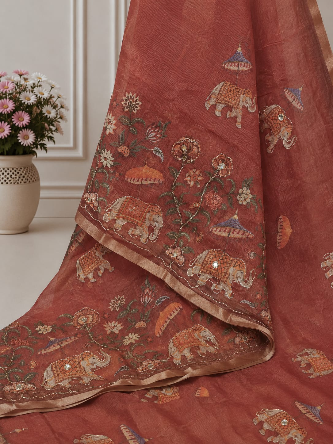 KcPc Premium Cotton Silk Kalamkari Style Saree with Aari Tari WorkSTL