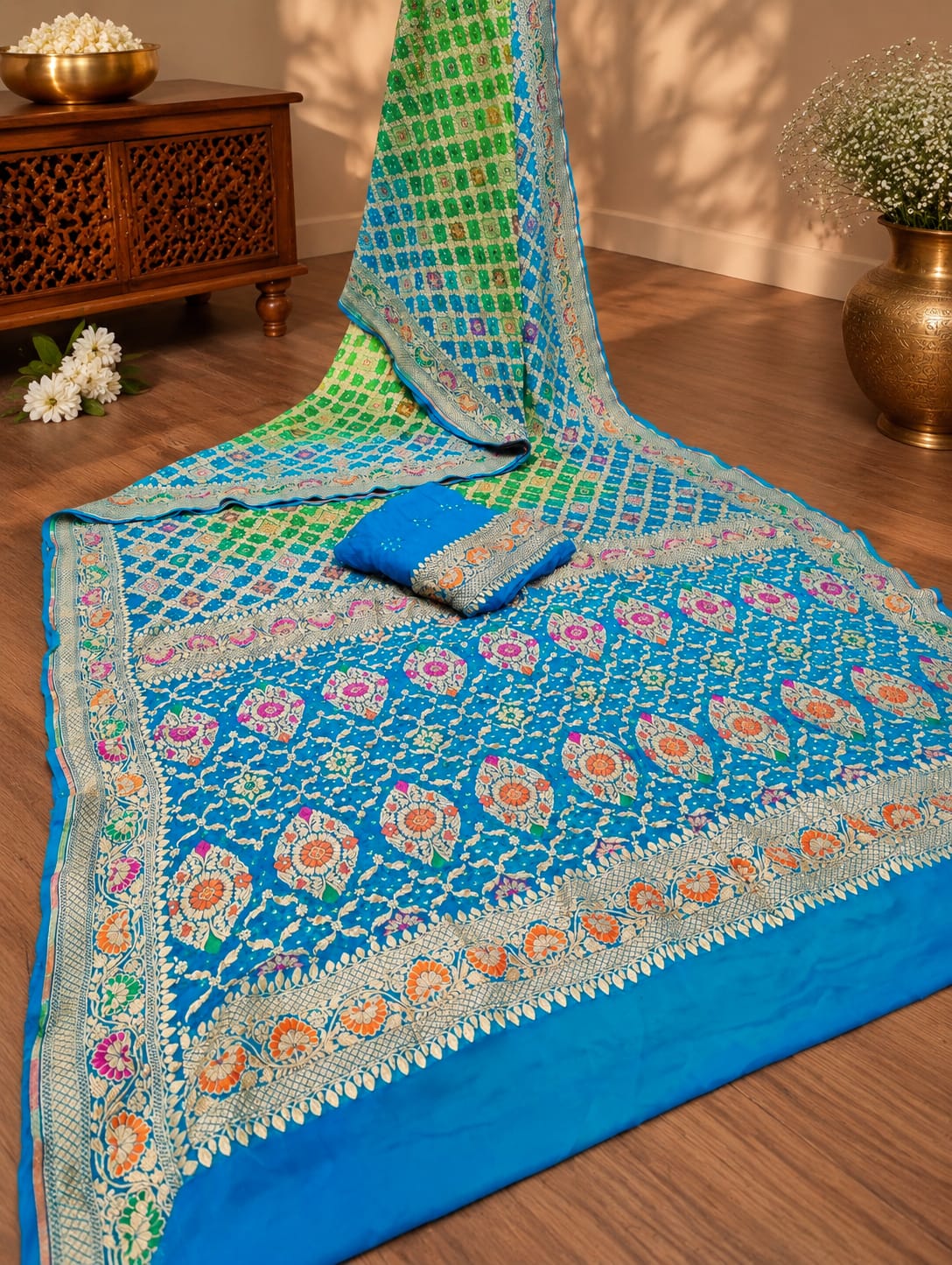 KcPc Pure Meenakari Khaddi Georgette Upada Janglaw Bandhani Neemzari Saree