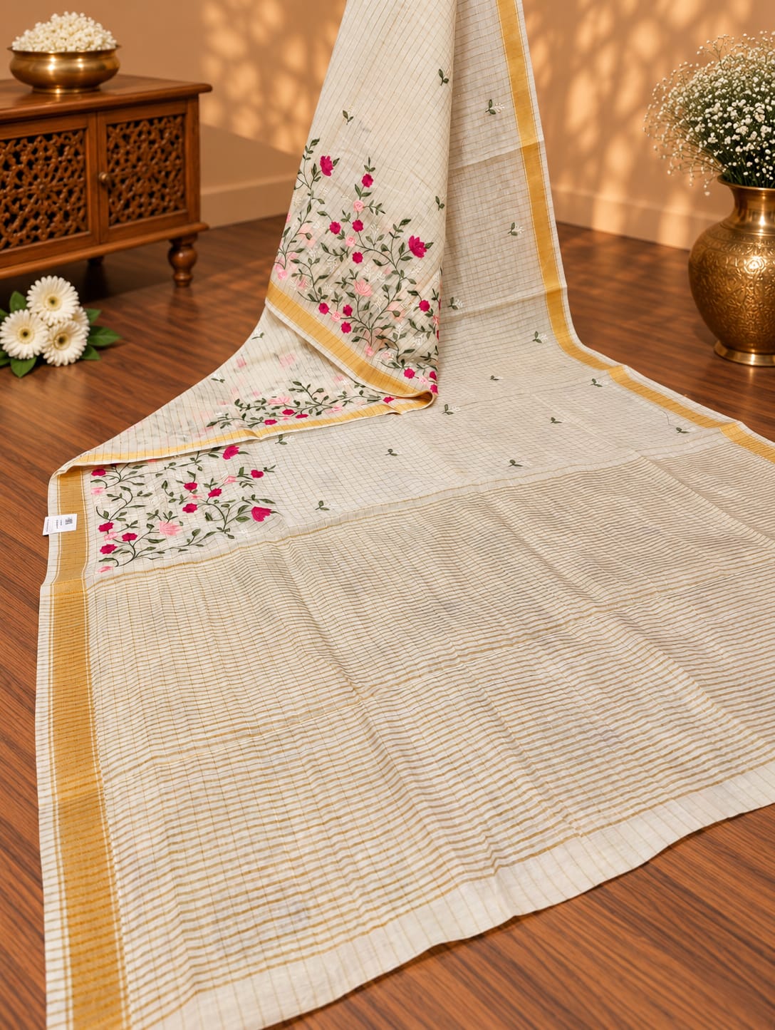 KcPc Premium Kota Doria Saree with Floral Thread Work DetailingSWA