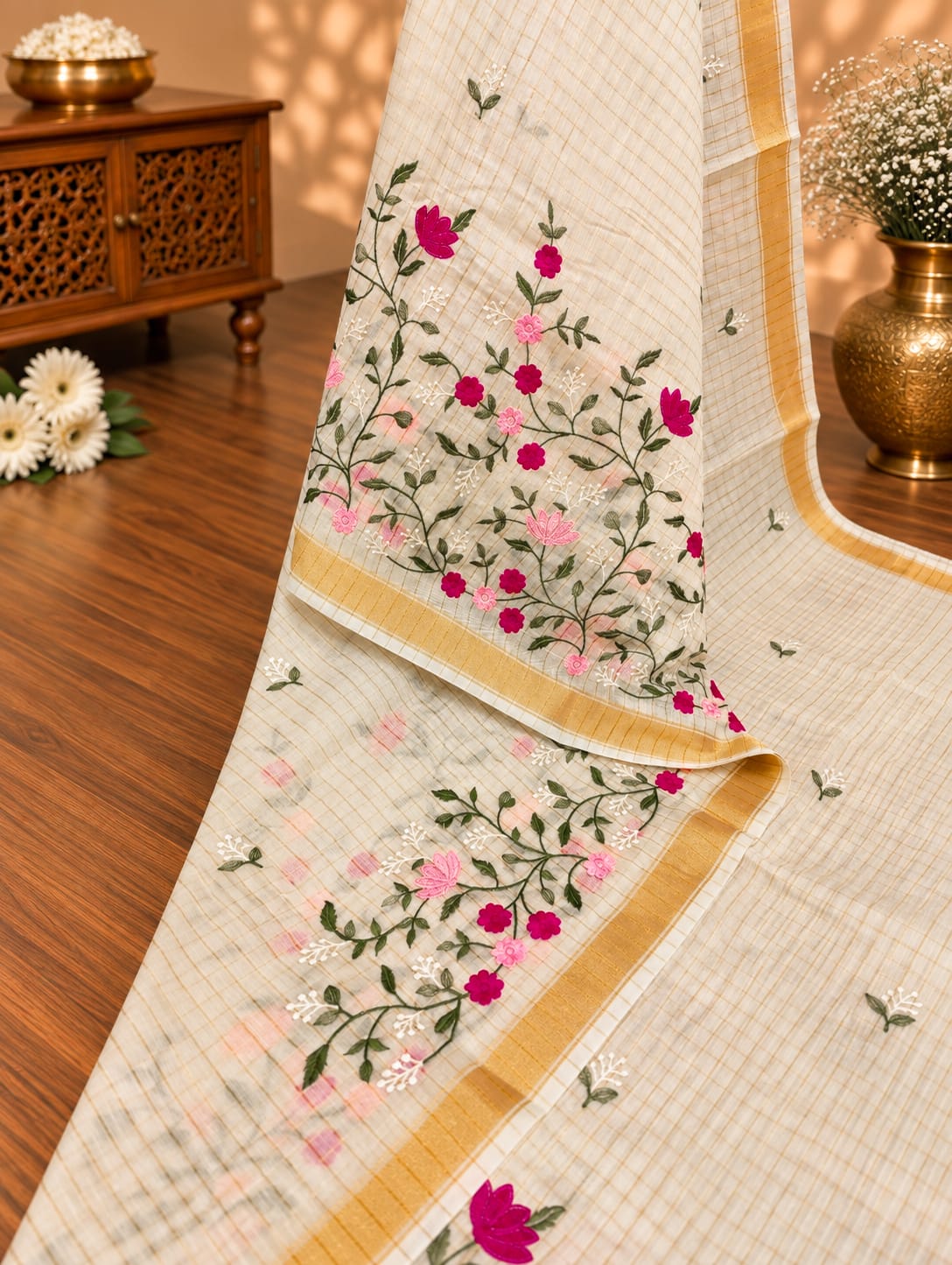 KcPc Premium Kota Doria Saree with Floral Thread Work DetailingSWA