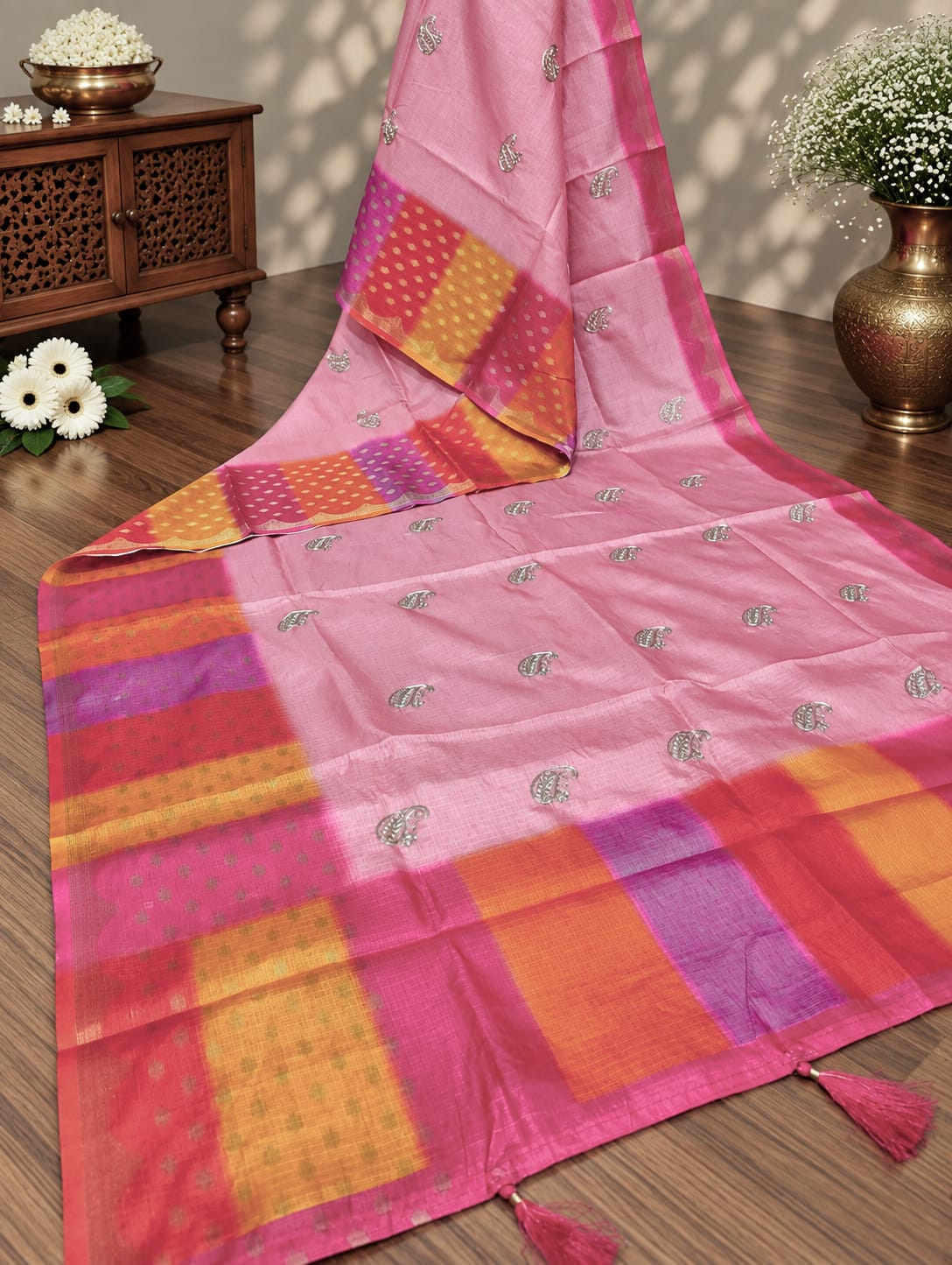 KcPc Kota Doria Banarasi Style Saree with Thread Embroidery Work SWA