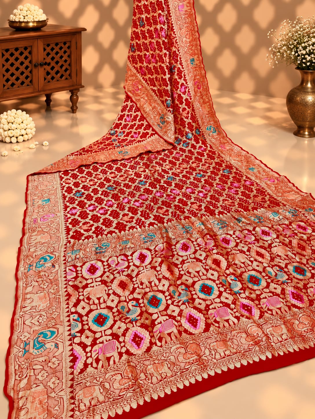 KcPc Figure Design Khaddi Georgette Janglaw Bandhani Neemzari SareeRed