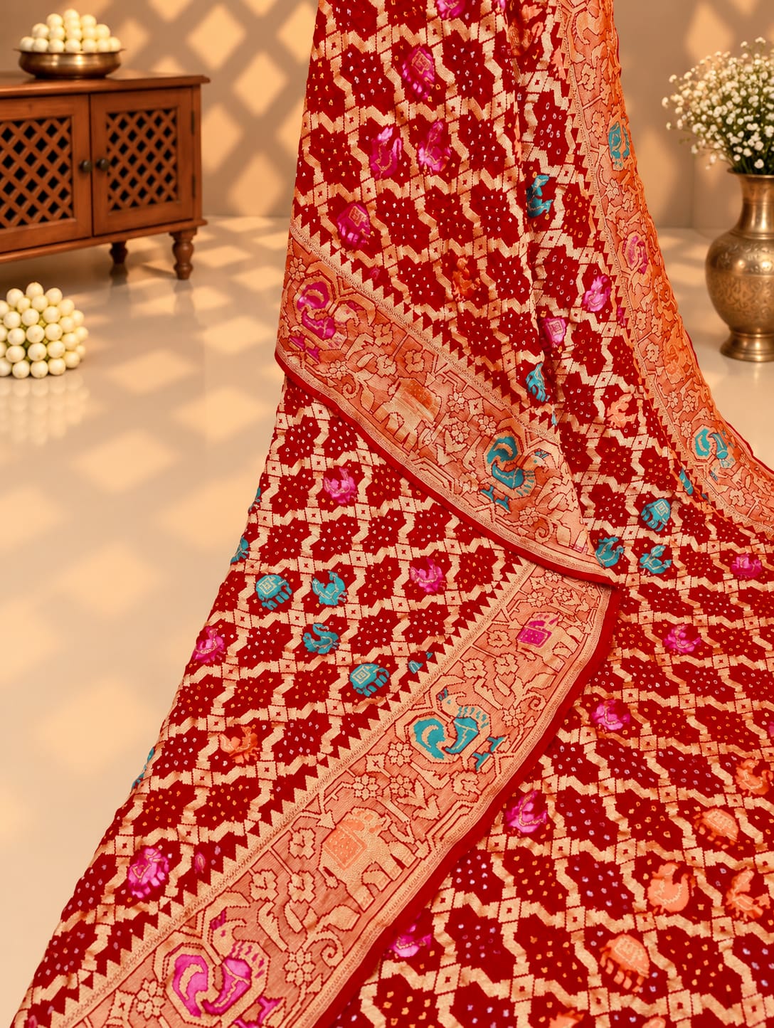 KcPc Figure Design Khaddi Georgette Janglaw Bandhani Neemzari SareeRed