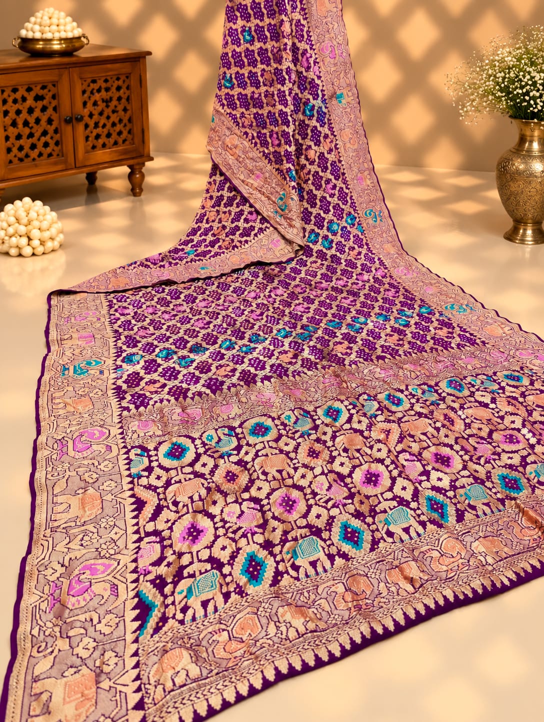 KcPc Pure Figure Design Khaddi Georgette Janglaw Bandhani Neemzari SareePurple