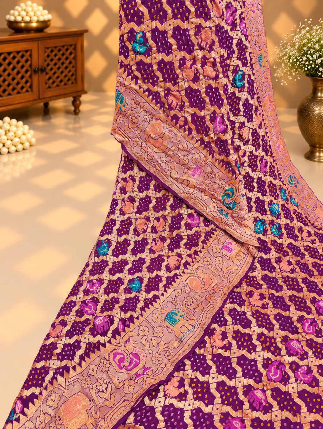 KcPc Pure Figure Design Khaddi Georgette Janglaw Bandhani Neemzari SareePurple