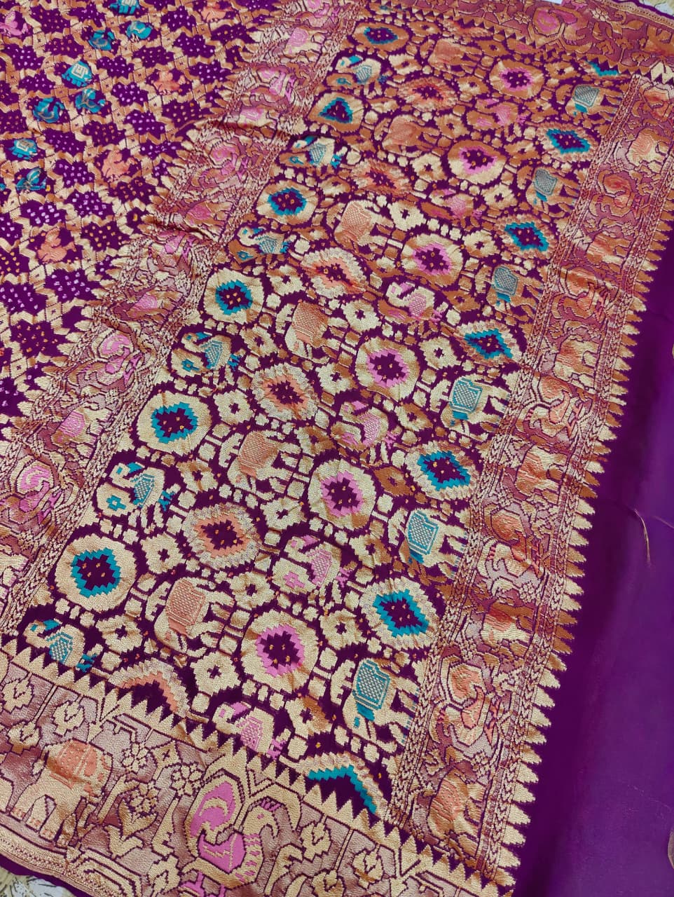 KcPc Pure Figure Design Khaddi Georgette Janglaw Bandhani Neemzari SareePurple