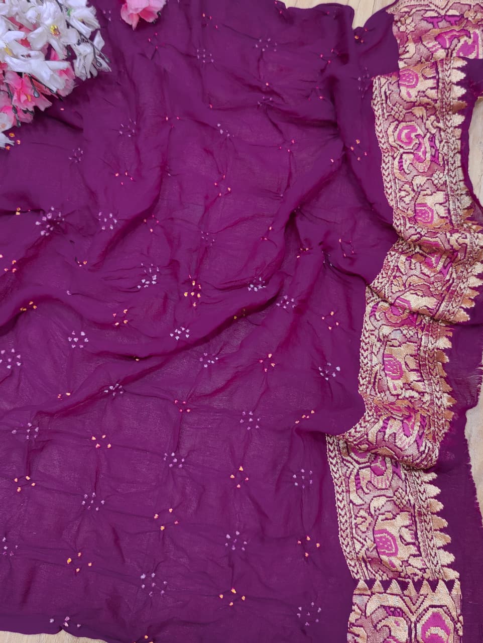 KcPc Pure Figure Design Khaddi Georgette Janglaw Bandhani Neemzari SareePurple
