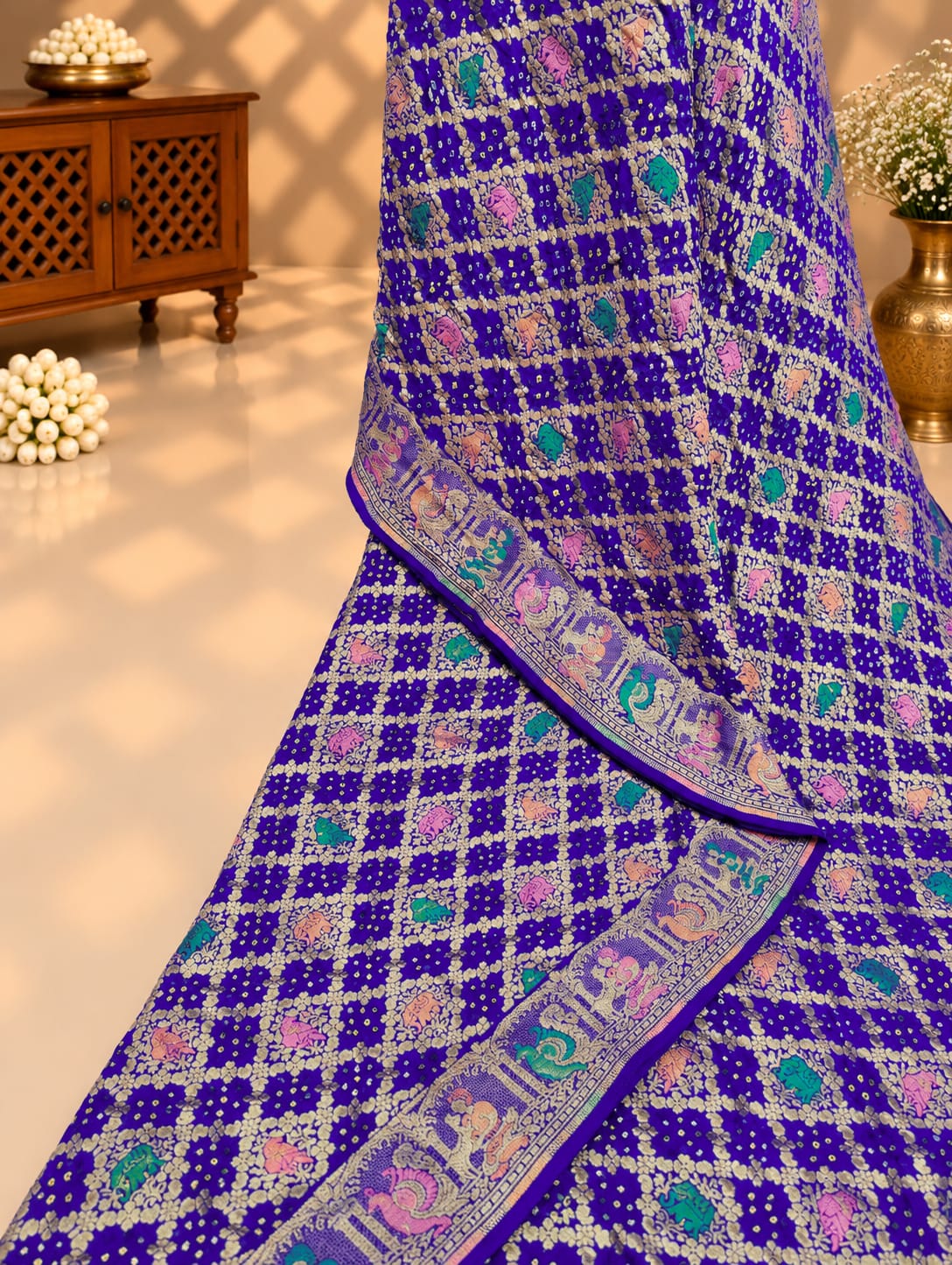 KcPc Figure Design Khaddi Georgette Janglaw Bandhani Neemzari Saree Royal Blue