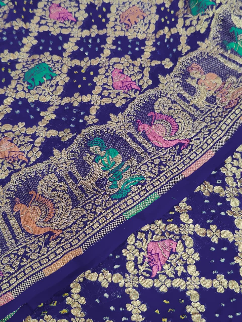 KcPc Figure Design Khaddi Georgette Janglaw Bandhani Neemzari Saree Royal Blue