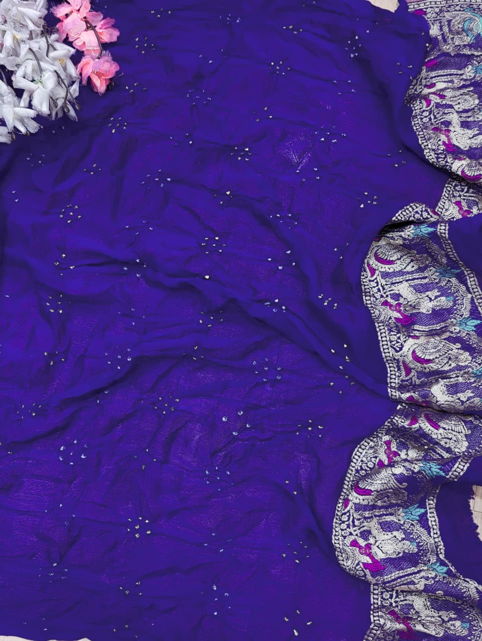 KcPc Figure Design Khaddi Georgette Janglaw Bandhani Neemzari Saree Royal Blue