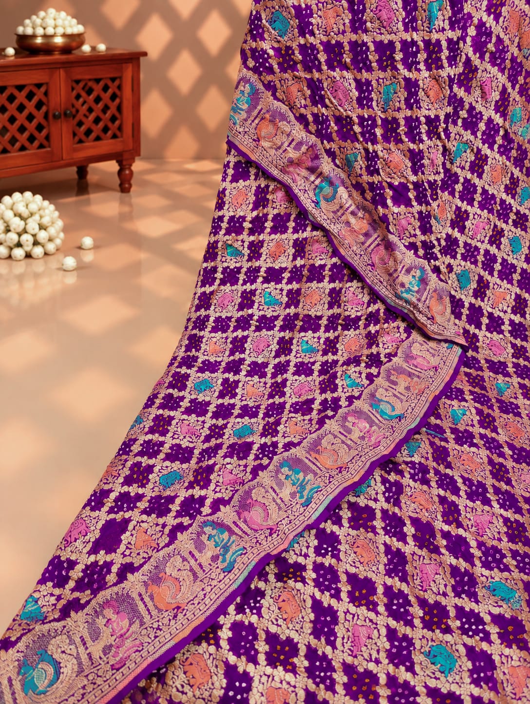 KcPc Pure Figure Design Khaddi Georgette Janglaw Bandhani Neemzari Saree Dark Purple