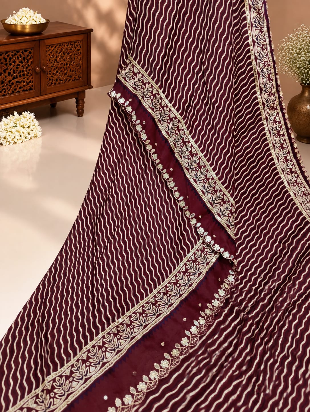 KcPc New Traditional Gaji Silk Ajrakh Saree with Elegant Mirror WorkSVD