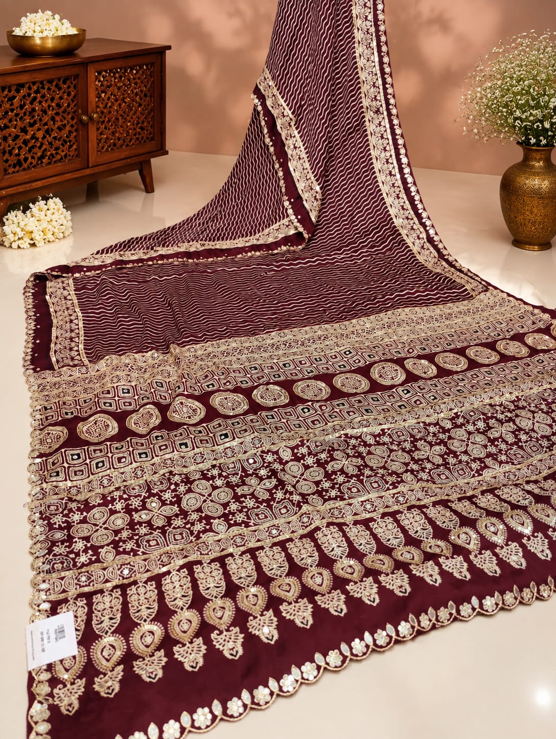 KcPc New Traditional Gaji Silk Ajrakh Saree with Elegant Mirror WorkSVD