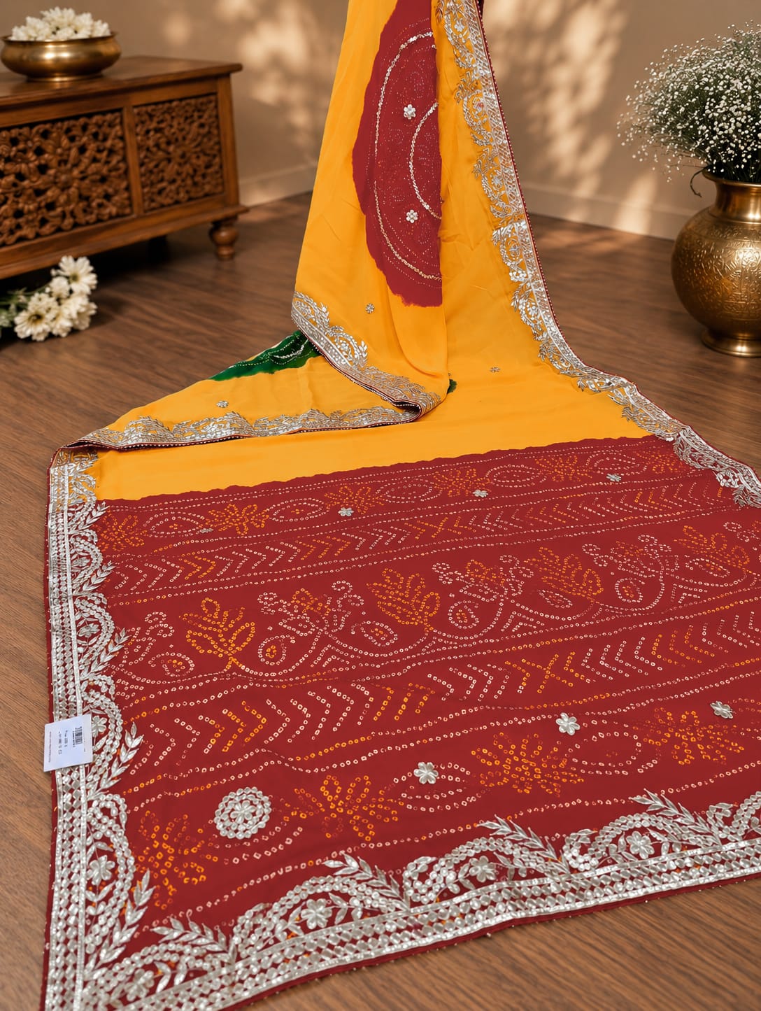 KcPc New Georgette Bandhani Style with Gotapatti Work Saree AMT