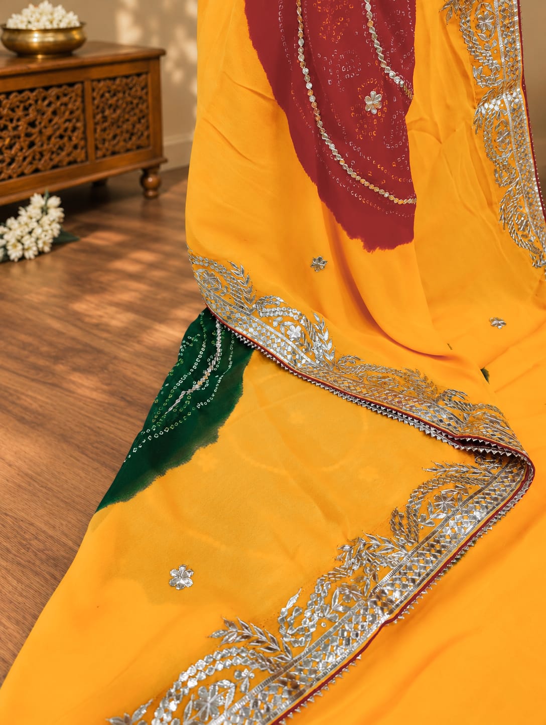 KcPc New Georgette Bandhani Style with Gotapatti Work Saree AMT