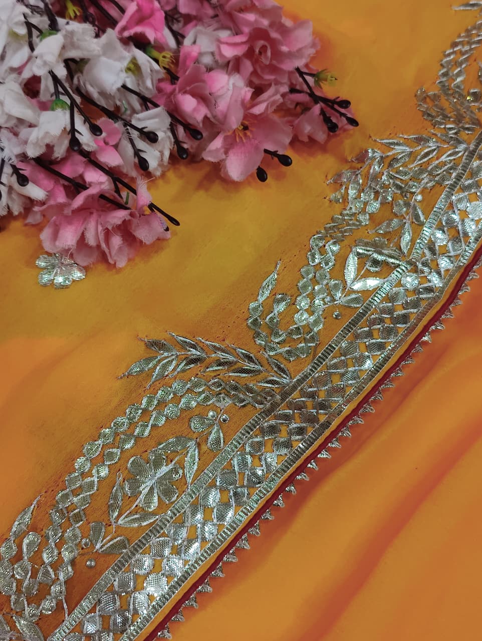KcPc New Georgette Bandhani Style with Gotapatti Work Saree AMT