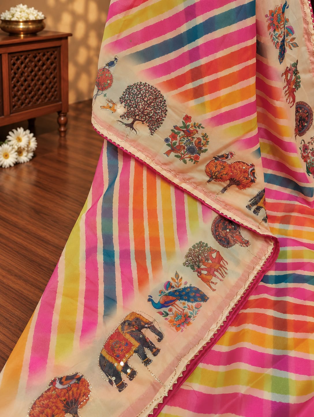 KcPc Premium Georgette Kalamkari Designer Saree with Tari WorkGAN
