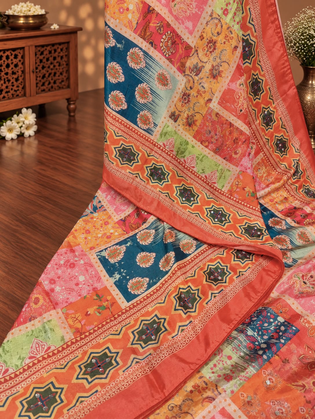 KcPc Beautiful Designer Saree with Stylish Mirror Embellishment WorkASH