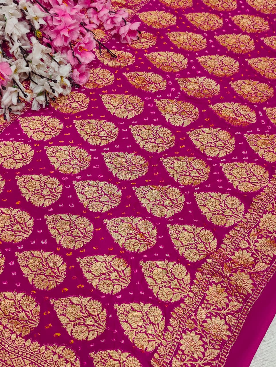 KcPc New Launch Pure Khaddi Georgette Upada Neemzari Bandhej SareeRed Rani