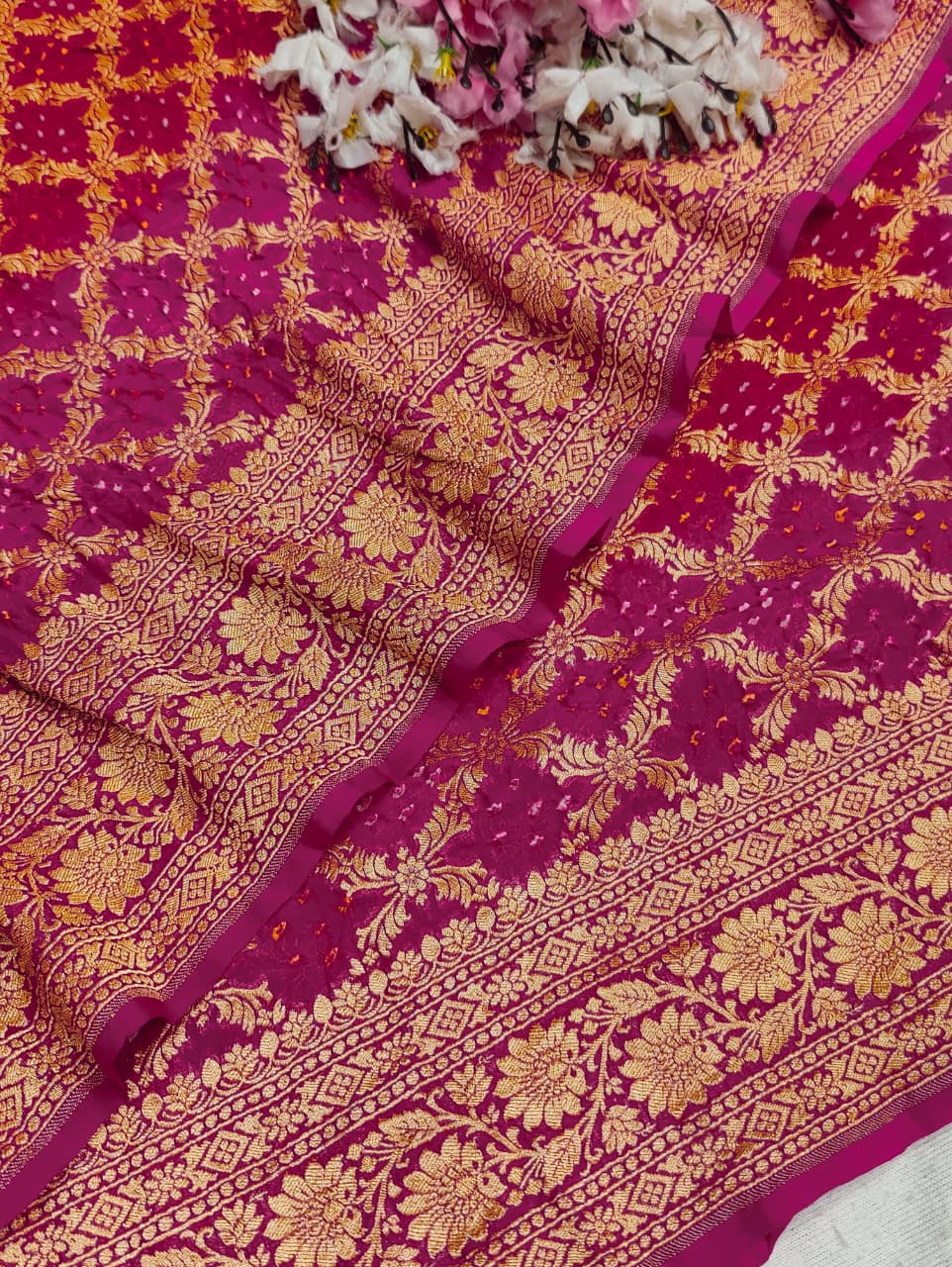 KcPc New Launch Pure Khaddi Georgette Upada Neemzari Bandhej SareeRed Rani