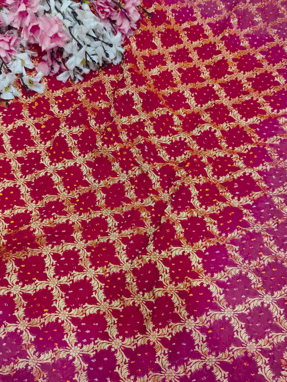 KcPc New Launch Pure Khaddi Georgette Upada Neemzari Bandhej SareeRed Rani