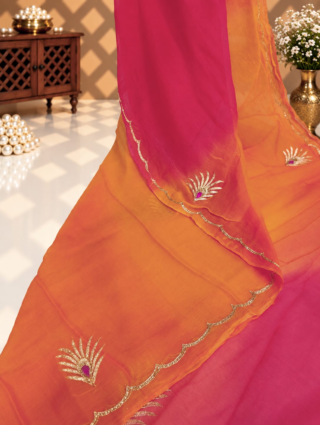 KcPc Pure Chiffon Jaipuri Saree With Zari Sequence Buti WorkVND