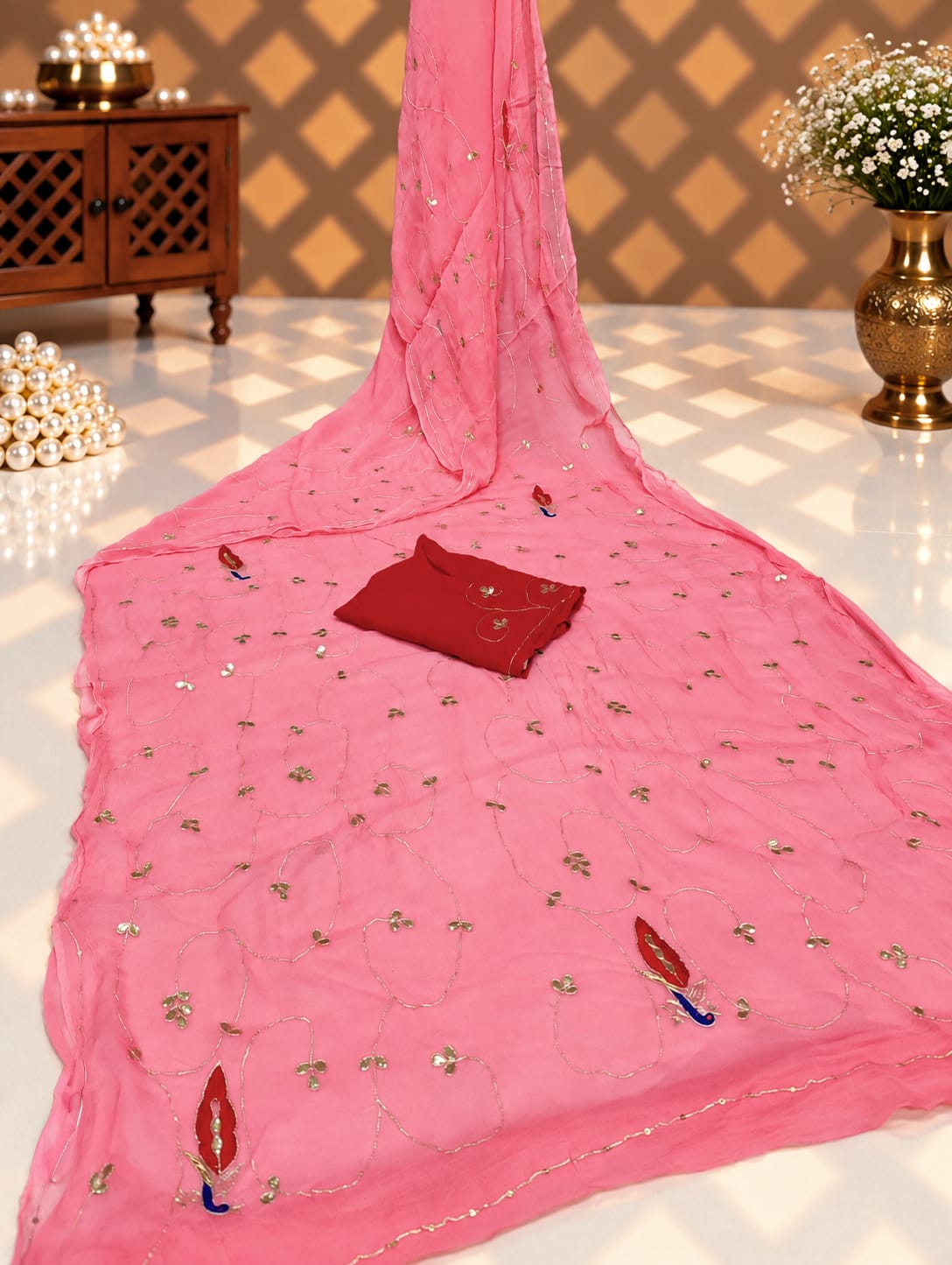 KcPc Pure Diamond Chiffon Mukes Work Rajputi Traditional Saree VND Pink