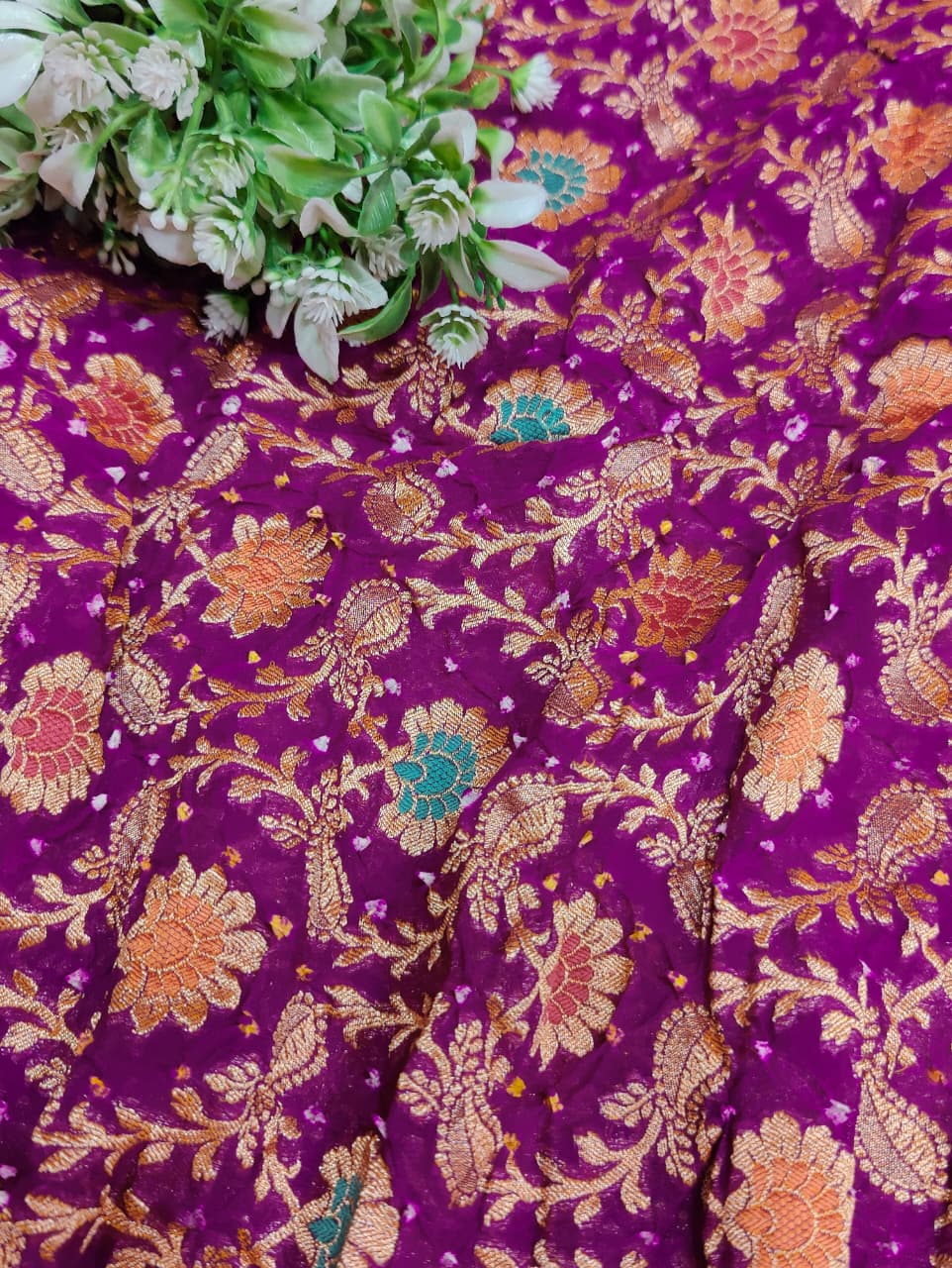 KcPc Originals Pure Meenakari Khaddi Georgette Upada Janglaw Bandhani Neemzari Saree Purple D1