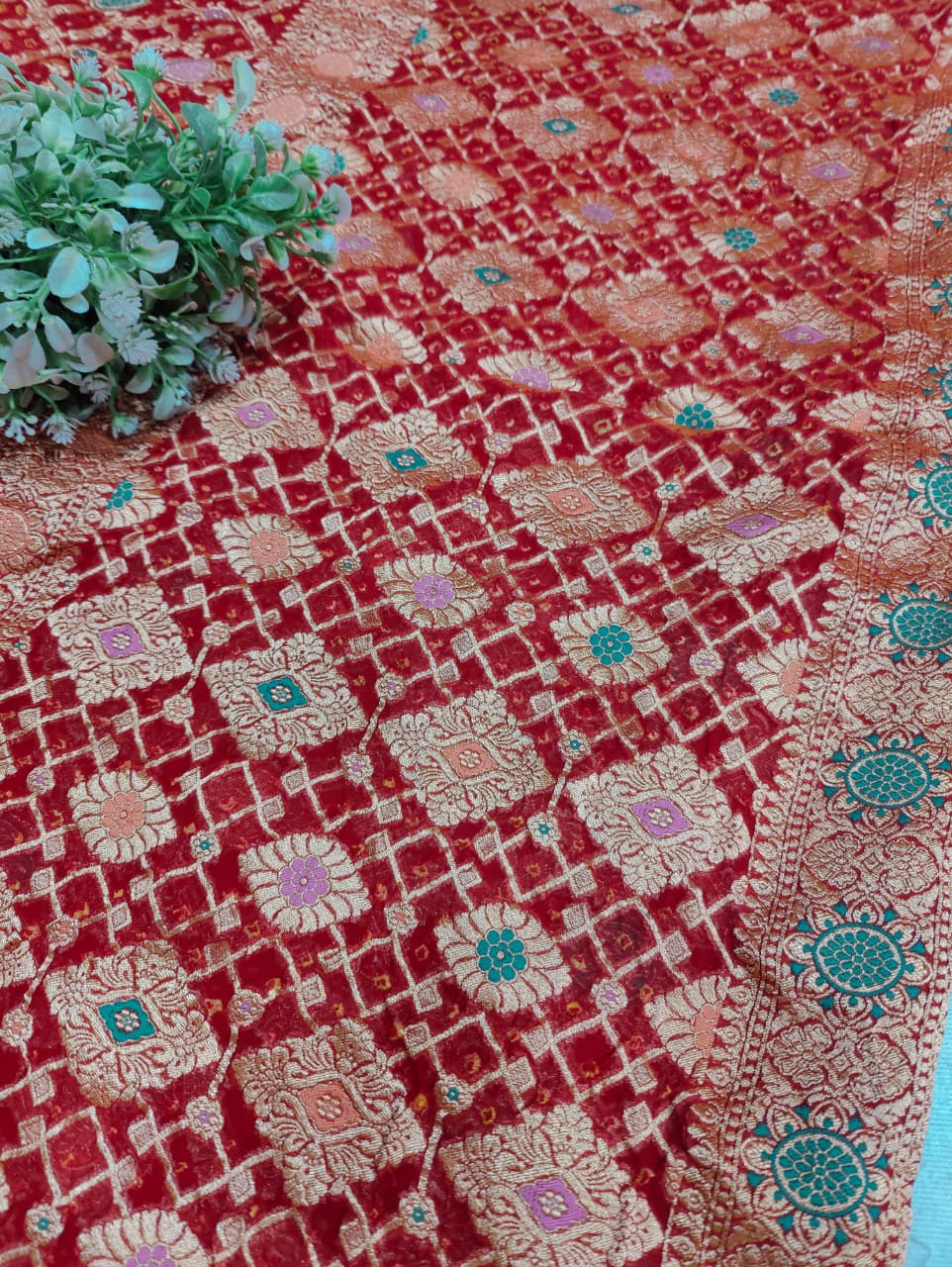 KcPc Originals Pure Meenakari Khaddi Georgette Upada Janglaw Bandhani Neemzari Saree Red