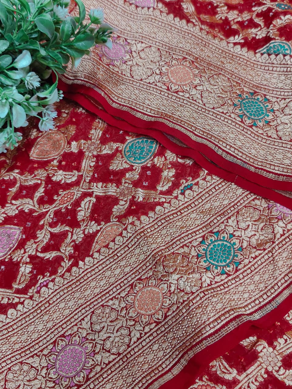 KcPc Originals Pure Meenakari Khaddi Georgette Upada Janglaw Bandhani Neemzari Saree Red