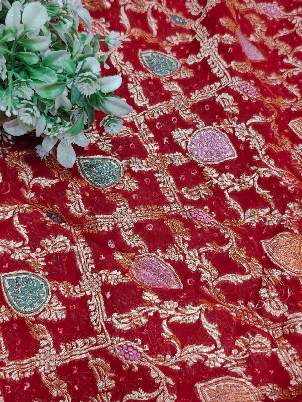 KcPc Originals Pure Meenakari Khaddi Georgette Upada Janglaw Bandhani Neemzari Saree Red