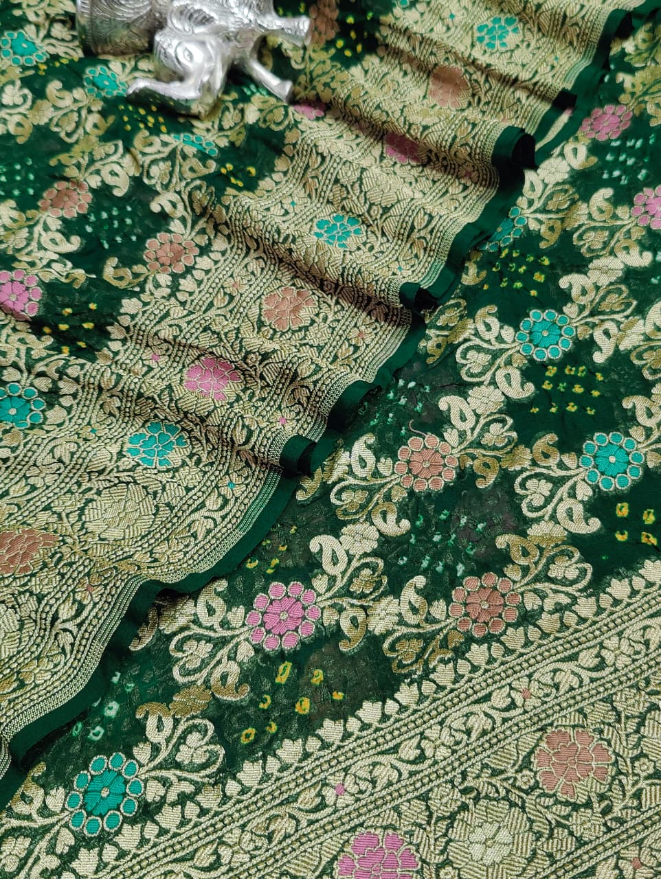 KcPc Originals Pure Meenakari Khaddi Georgette Upada Janglaw Bandhani Neemzari Saree Green