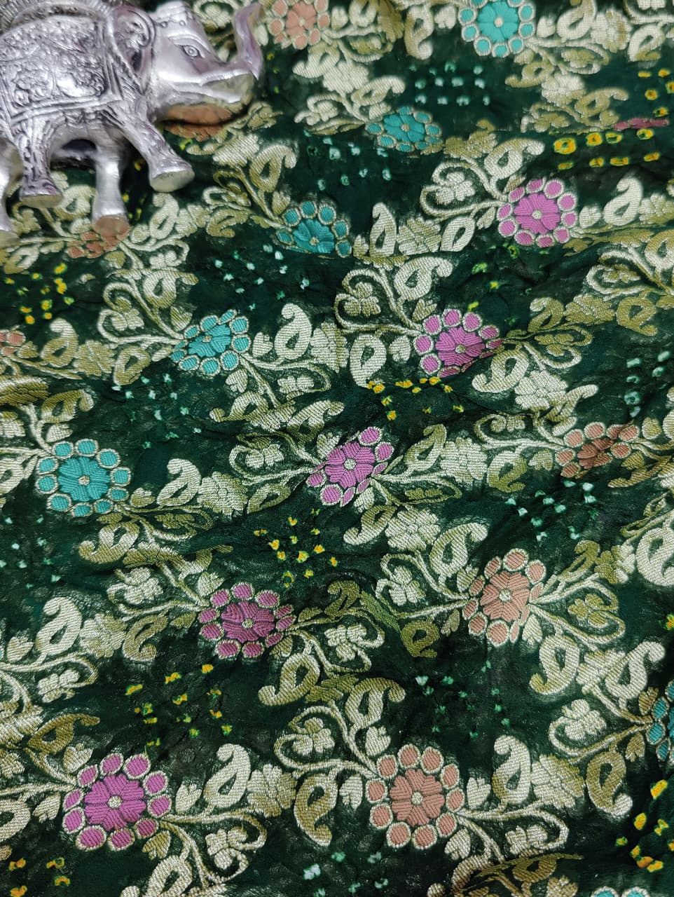 KcPc Originals Pure Meenakari Khaddi Georgette Upada Janglaw Bandhani Neemzari Saree Green