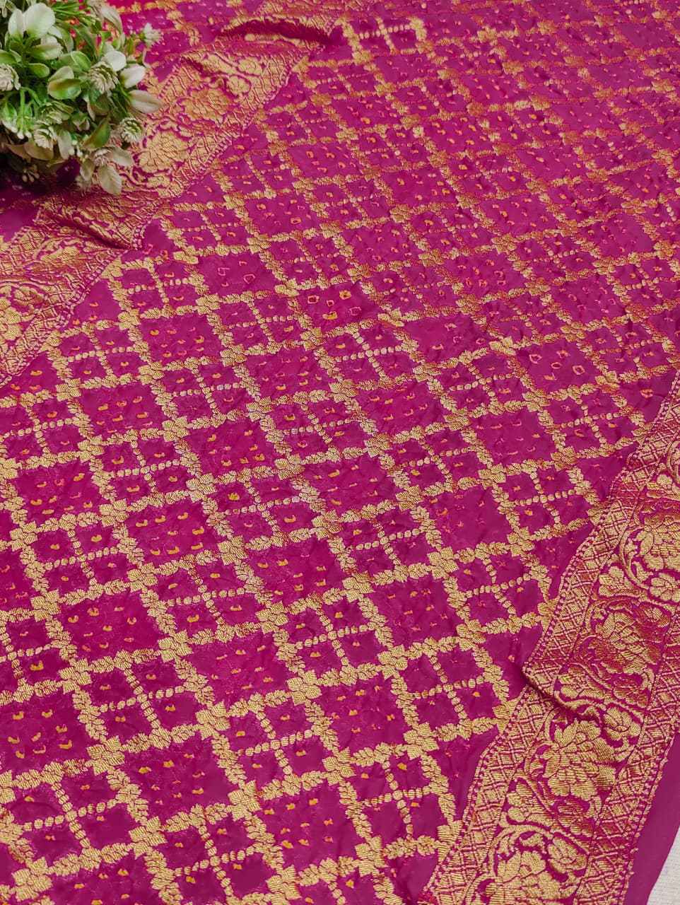KcPc New Launch Pure Khaddi Georgette Upada Neemzari Bandhej SareeOrange Pink